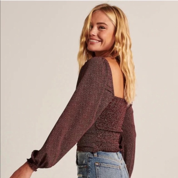 Abercrombie & Fitch Smocked Back Fitted Top with Balloon Sleeves XS Burgundy - Picture 2 of 12